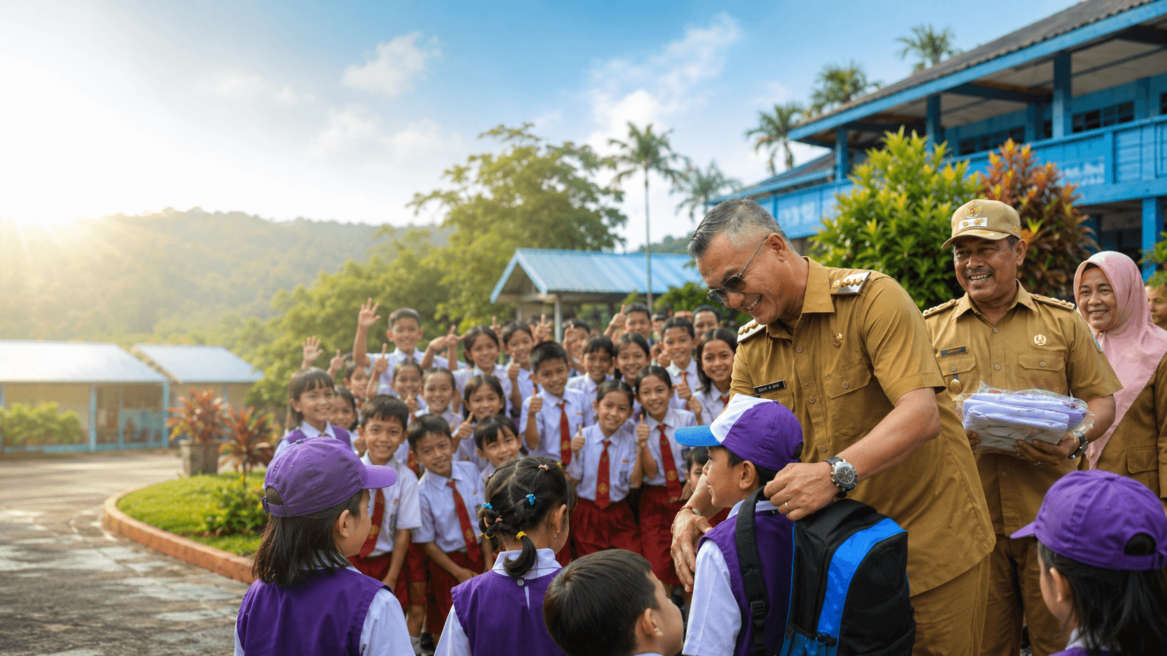 Kepala Dinas Pendidikan Malinau menyerahkan perlengkapan sekolah program Wajib Belajar Malinau Maju kepada siswa yang berbaris di halaman sekolah
